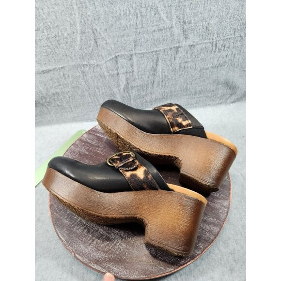 Baretraps Belita Black Leather Clogs With Leopard Print Strap & Buckle 8.5 - Picture 10 of 11